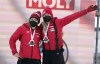 Third placed Christine de Bruin and Kristen Bujnowski of Canada celebrate during award ceremony of the two-woman Bobsleigh World Cup race in Sigulda, Latvia, Sunday, Jan. 2, 2022.&nbsp; THE CANADIAN PRESS/AP-Roman Koksarov