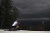 An athlete of the US team tries the course prior to the cancellation of an alpine ski, men's World Cup slalom in Zagreb, Croatia, Wednesday, Jan. 5, 2022. The slalom was cancelled due to the adverse weather conditions. (AP Photo/Gabriele Facciotti)
