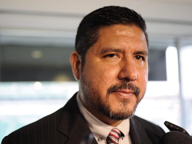 Anthony Calvillo talks to media before his induction into the Canadian Football Hall of Fame Class of 2017 at Mosaic Stadium in Regina, Wednesday, March 22, 2017. THE CANADIAN PRESS/Mark Taylor