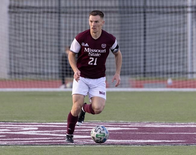 Missouri State's Kyle Hiebert dribbles the ball during action against Bradley on April 13, 2021 in Springfield, Mo. After a stellar career at Missouri State, Manitoba's Hiebert is looking forward to his next step in soccer THE CANADIAN PRESS/HO-Missouri State University Office of Visual Media/Jesse Scheve MANDATORY CREDIT