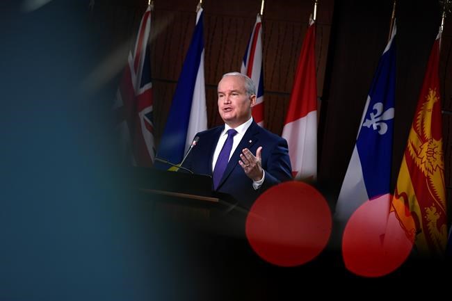 Conservative Leader Erin O'Toole speaks during a news conference responding to the federal government’s COVID-19 response, on Parliament Hill in Ottawa, on Thursday, Jan. 6, 2022. THE CANADIAN PRESS/Justin Tang