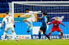 Augsburg's new US forward Ricardo Pepi, center, misses to score during the Bundesliga soccer match between TSG 1899 Hoffenheim and FC Augsburg in Sinsheim, Germany, Saturday, Jan. 8, 2022. (Uwe Anspach/dpa via AP)