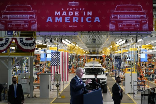 President Joe Biden speaks during a visit to the General Motors Factory ZERO electric vehicle assembly plant in Detroit, Wednesday, Nov. 17, 2021. Joe Biden’s controversial plan to use protectionist tax incentives to promote U.S.-made electric vehicles, which threatens misery for the Canadian auto sector, is making for all kinds of strange bedfellows. THE CANADIAN PRESS/AP-Evan Vucci