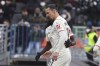 AC Milan's Zlatan Ibrahimovic, front, celebrates scoring during the Serie A soccer match between Venezia and AC Milan at Penzo stadium, Venice, Italy, Sunday Jan. 9, 2022. (Paola Garbuio/LaPresse via AP)