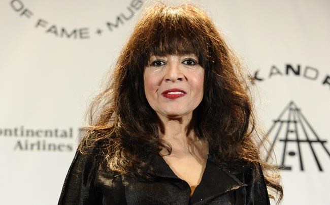 FILE - Ronnie Spector appears in the press room after performing at the Rock and Roll Hall of Fame induction ceremony on March 15, 2010, in New York. Spector, the cat-eyed, bee-hived rock 'n' roll siren who sang such 1960s hits as