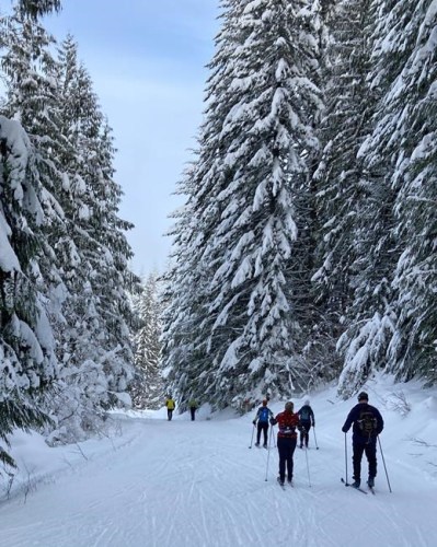 A group of cross country skiers glide along the freshly groomed trails at Cabin Creek Sno Park near Easton, Wash., on Dec. 19, 2021. When COVID-19 hit in the winter of 2020, many escaped cabin fever by hitting the ski trails and Nordic skis quickly became the new toilet paper – they were hard to find and sold out in stores. The ski boom has continued as the pandemic makes winter outdoor recreation appealing, but climate change means its future is uncertain. (AP Photo/Martha Bellisle)