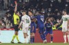 Referee shows a red card to Real Madrid's Marcelo, second right, during a Copa del Rey soccer match between Elche and Real Madrid at Martinez Valero stadium in Elche, Spain, Thursday, Jan. 20, 2022. (AP Photo/Alberto Saiz)