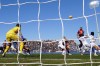 Cagliari's Joao Pedro, top right, scores during the Serie A soccer match between Cagliari Calcio and ACF Fiorentina at Unipol Domus stadium in Cagliari, Italty, Sunday Jan. 23, 2022. (Alessandro Tocco/LaPresse via AP)