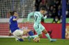 Brighton and Hove Albion's Leandro Trossard, right, in action with Leicester City's Caglar Soyuncu during their English Premier League soccer match at the King Power Stadium, Leicester, England, Sunday, Jan. 23, 2022. (Mike Egerton/PA via AP)
