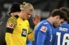 Dortmund's Erling Haaland leaves the pitch during a German Bundesliga soccer match between TSG 1899 Hoffenheim and Borussia Dortmund in Sinsheim, Germany, Saturday, Jan. 22, 2022. (AP Photo/Michael Probst)
