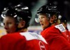 Eric Staal, right, from Thunder Bay, Ont., catches his breath during the Men's National Olympic Team orientation camp in Calgary, Monday, Aug. 24, 2009. THE CANADIAN PRESS/Jeff McIntosh