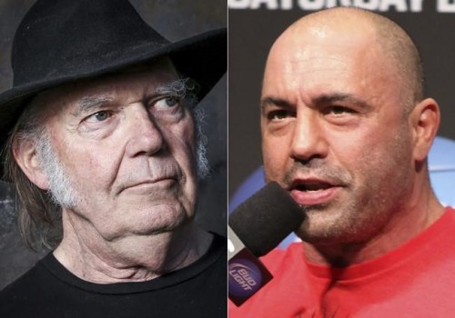 This combination photo shows Neil Young in Calabasas, Calif., on May 18, 2016, left, and UFC announcer and podcaster Joe Rogan before a UFC on FOX 5 event in Seattle on Dec. 7, 2012. Young fired off a public missive to his management on Monday, Jan. 24, 2022, demanding that they remove his music from the popular streaming service Spotify in protest over Rogan's popular podcast spreading misinformation about COVID-19. But by Tuesday afternoon, his letter had been removed from his website, 