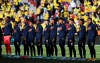 FILE - Ecuador players sing their national anthem prior to a FIFA World Cup Qatar 2022 qualifying soccer match at Rodrigo Paz Delgado stadium in Quito, Ecuador, Nov. 11, 2021. Ecuador summoned 28 players on Saturday, Jan. 22, 2022, for the crucial double round of qualifiers in which they will host Brazil, and visit Peru. (Jose Jacome/AP File)