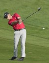 Joachim B. Hansen of Denmark plays a shot on the 10th hole during the second round of the Dubai Desert Classic golf tournament in Dubai, United Arab Emirates, Friday, Jan. 28, 2022. (AP Photo/Kamran Jebreili)