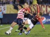 FILE - United States' Shannon Boxx (7) and Germany's Babett Peter (4) battle for the ball during their international friendly soccer match in East Hartford, Conn., Oct. 23, 2012. Clint Dempsey, Hope Solo and Boxx were among six people elected Sunday to the U.S. National Soccer Hall of Fame. (AP Photo/Fred Beckham, File)