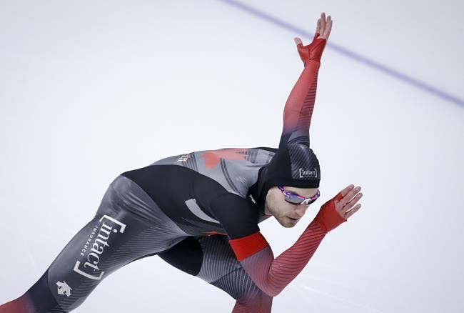 Canada's Laurent Dubreuil skates during the men's 500-metre competition at the ISU World Cup speed skating event in Calgary, Alta., Sunday, Dec. 12, 2021.THE CANADIAN PRESS/Jeff McIntosh