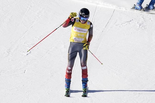 Brittany Phelan of Canada reacts while competing during the small final in women's ski cross during the FIS Ski Cross World Cup, a test event for the 2022 Winter Olympics, at the Genting Resort Secret Garden in Zhangjiakou in northern China's Hebei Province, Saturday, Nov. 27, 2021. THE CANADIAN PRESS/AP/Mark Schiefelbein