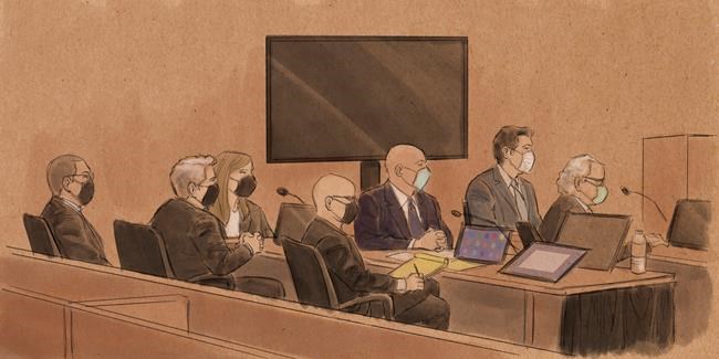 FILE In this courtroom sketch, from left, former Minneapolis police Officer Tou Thao, attorney Robert Paule, attorney Natalie Paule, attorney Tom Plunkett, former Minneapolis police Officer J. Alexander Kueng, former Minneapolis police Officer Thomas Lane and attorney Earl Gray appear for opening statements for their trial in the killing of George Floyd in federal court on, Jan. 24, 2022, in St. Paul, Minn. Floyd died May 25, 2020, after Officer Derek Chauvin pressed his knee against his neck as Floyd, who was handcuffed, said he couldn't breathe. Judge Paul Magnuson abruptly recessed on Wednesday, Feb. 2, 2022 after one of the defendants tested positive for COVID-19. (Cedric Hohnstadt via AP, File)