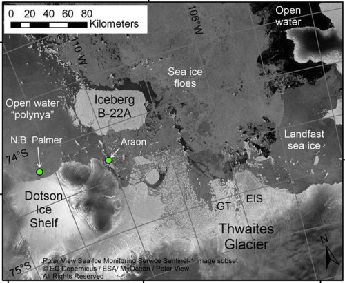This Tuesday, Feb. 1, 2022 satellite image from the European Space Agency, annotated by marine geophysicist Robert Larter, shows the positions of research vessels RVIB Nathaniel B. Palmer and the RV Araon on Feb. 2., on the ice shelf areas extending from Thwaites Glacier in Antarctica. 