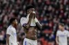 Real Madrid's Vinicius Junior reacts during a Spanish Copa del Rey quarter final soccer match between Athletic Bilbao and Real Madrid at the San Mames stadium in Bilbao, Spain, Thursday, Feb. 3, 2022. (AP Photo/Alvaro Barrientos)