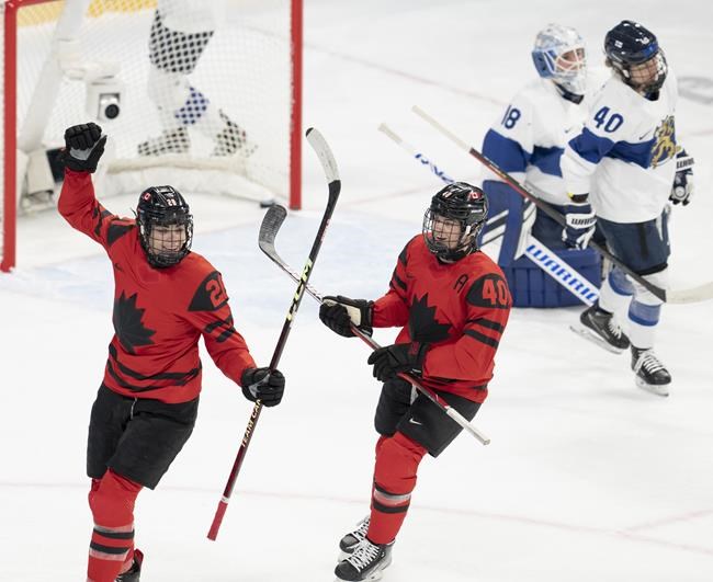 Team Canada forward Sarah Nurse (20) celebrates with forward Blayre Turnbull (40) after scoring the second goal as Team Finland goalkeeper Meeri Raisanen (18) and forward Noora Tulus (40) look on during first period women's ice hockey action Saturday, February 5, 2022 at the Winter Olympics in Beijing. THE CANADIAN PRESS/Ryan Remiorz