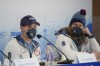 U.S. men's curling team's John Shuster, left, and Matt Hamilton attend a news conference at the 2022 Winter Olympics, Saturday, Feb. 5, 2022, in Beijing. (AP Photo/Jae C. Hong)