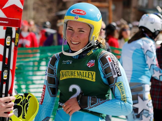 FILE - Mikaela Shiffrin, of the United States, reacts after her final run in the women's slalom skiing event during the U.S. Alpine Championships, March 28, 2012, in Winter Park, Colo. Shiffrin finished in first place. (AP Photo/Jim Urquhart, File)