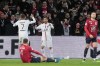 PSG's Lionel Messi, third from left, celebrates with his teammate Kylian Mbappe after scoring his side's third goal during the French League One soccer match between Lille and Paris Saint Germain at Pierre Mauroy stadium in Villeneuve d'Ascq in Lille, France, Sunday, Feb. 6, 2022. (AP Photo/Michel Spingler)