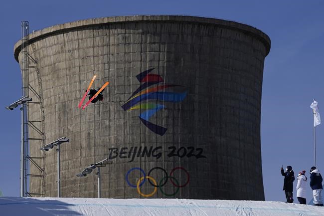 Britain's James Woods trains for the men's freestyle skiing big air competition at the 2022 Winter Olympics, Sunday, Feb. 6, 2022, in Beijing. (AP Photo/Jae C. Hong)