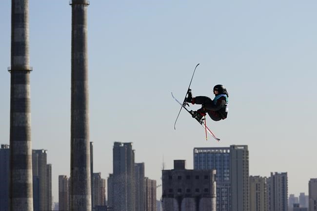 Megan Oldham, of Canada, competes during the women's freestyle skiing big air finals of the 2022 Winter Olympics, Tuesday, Feb. 8, 2022, in Beijing. (AP Photo/Matt Slocum)