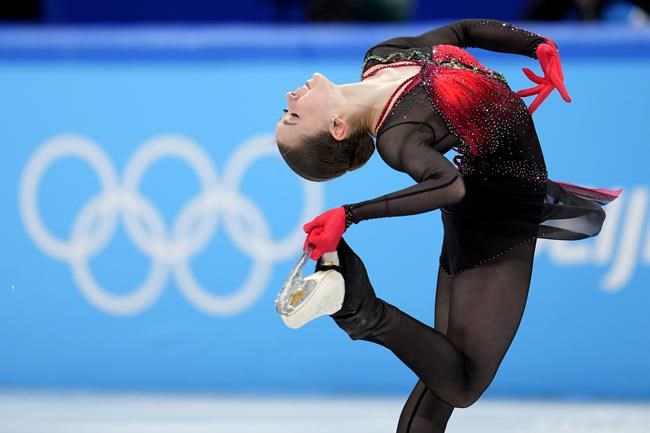 Kamila Valieva, of the Russian Olympic Committee, competes in the women's team free skate program during the figure skating competition at the 2022 Winter Olympics, Monday, Feb. 7, 2022, in Beijing. (AP Photo/Natacha Pisarenko)