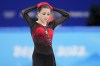 Kamila Valieva, of the Russian Olympic Committee, reacts after the women's team free skate program during the figure skating competition at the 2022 Winter Olympics, Monday, Feb. 7, 2022, in Beijing. (AP Photo/Natacha Pisarenko)