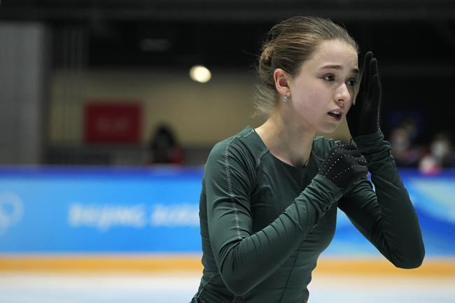 Kamila Valieva, of the Russian Olympic Committee, trains at the 2022 Winter Olympics, Thursday, Feb. 10, 2022, in Beijing. (AP Photo/Jeff Roberson)