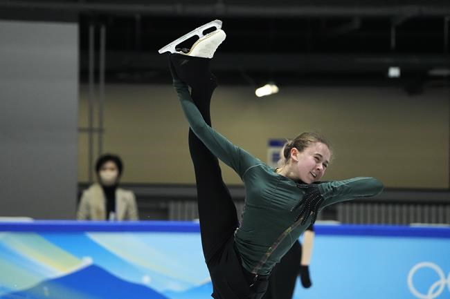 Kamila Valieva, of the Russian Olympic Committee, trains at the 2022 Winter Olympics, Thursday, Feb. 10, 2022, in Beijing. (AP Photo/Jeff Roberson)