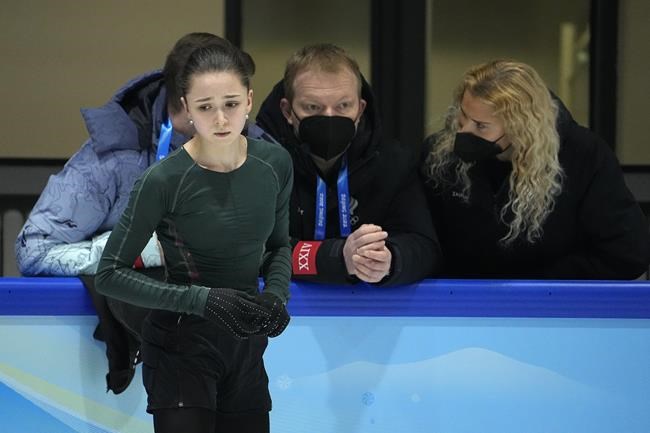 Kamila Valieva, of the Russian Olympic Committee, trains at the 2022 Winter Olympics, Thursday, Feb. 10, 2022, in Beijing. (AP Photo/Jeff Roberson)