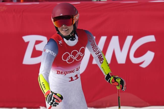 Mikaela Shiffrin, of United States reacts after finishing the women's super-G at the 2022 Winter Olympics, Friday, Feb. 11, 2022, in the Yanqing district of Beijing. (AP Photo/Luca Bruno)