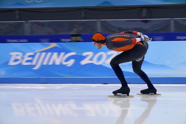 Patrick Roest of the Netherlands competes in the men's speedskating 10,000-meter race at the 2022 Winter Olympics, Friday, Feb. 11, 2022, in Beijing. (AP Photo/Sue Ogrocki)