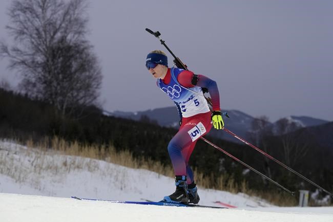 Marte Olsbu Roeiseland of Norway skis during the women's 7.5-kilometer sprint competition at the 2022 Winter Olympics, Friday, Feb. 11, 2022, in Zhangjiakou, China. (AP Photo/Kirsty Wigglesworth)
