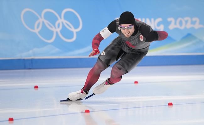 Canada's Laurent Dubreuil skates in the men's 500 metre speedskating competition at the 2022 Winter Olympics in Beijing, Saturday, Feb. 12, 2022. Dubreuil was fourth in the Olympic men's 500 metres Saturday. THE CANADIAN PRESS/Paul Chiasson