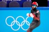 Canada's Steven Dubois celebrates his bronze medal finish at the finish line for the men's 500 metre short-track speed skating final at the Olympic Winter Games in Beijing, Sunday, Feb. 13, 2022. THE CANADIAN PRESS/Paul Chiasson