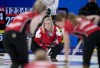 Canadian skip Jennifer Jones keeps an eye on a shot as they face the team from the Russian Olympic Committee at the 2022 Winter Olympics in Beijing on Monday, February 14, 2022. THE CANADIAN PRESS/Paul Chiasson
