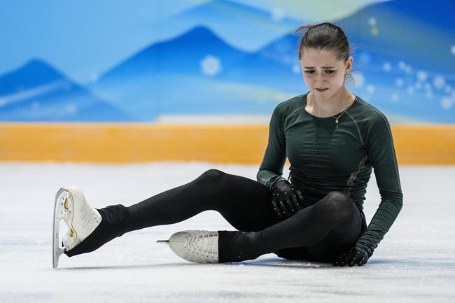 Kamila Valieva, of the Russian Olympic Committee, trains at the 2022 Winter Olympics, Monday, Feb. 14, 2022, in Beijing. (AP Photo/Bernat Armangue)