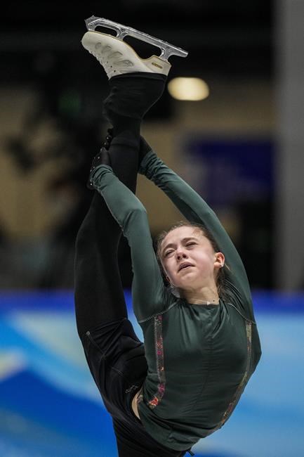 Kamila Valieva, of the Russian Olympic Committee, trains at the 2022 Winter Olympics, Monday, Feb. 14, 2022, in Beijing. (AP Photo/Bernat Armangue)