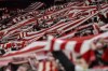 Athletic Club supporters cheer their team prior the start of the Spanish Copa del Rey semifinal first leg soccer match between Athletic Club and Valencia at the San Mames stadium in Bilbao, Spain, Thursday, Feb. 10, 2022. (AP Photo/Alvaro Barrientos)