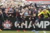 CF Montreal players hoist the Voyageurs Cup after beating Toronto FC in the Canadian Championship soccer final in Montreal, Sunday, Nov. 21, 2021. CF Montreal kick off their 2022 season with the CONCACAF Champion’s League Round of 16. THE CANADIAN PRESS/Graham Hughes