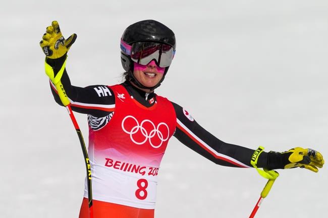 Marie-Michele Gagnon, of Canada, gestures after the women's downhill at the 2022 Winter Olympics, in the Yanqing district of Beijing, Tuesday, Feb. 15, 2022. THE CANADIAN PRESS/AP-Dmitri Lovetsky