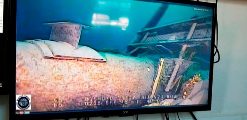 This June 2020 photo, shot from a television screen provided by the Michigan Department of Environment, Great Lakes, and Energy shows damage to anchor support EP-17-1 on the east leg of the Enbridge Line 5 pipeline within the Straits of Mackinac in Michigan.&nbsp; THE CANADIAN PRESS/Michigan Department of Environment, Great Lakes, and Energy via AP