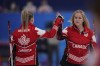 Canada's Jennifer Jones, right, high fives her teammate Dawn Mcewen, left, during a women's curling match against the United States at the Beijing Winter Olympics Wednesday, Feb. 16, 2022, in Beijing. (AP Photo/Brynn Anderson)