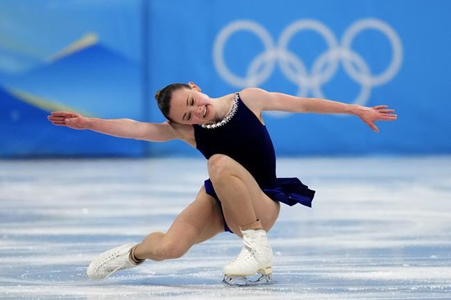 Mariah Bell, of the United States, competes in the women's short program during the figure skating at the 2022 Winter Olympics, Tuesday, Feb. 15, 2022, in Beijing. (AP Photo/Natacha Pisarenko)
