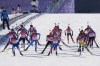 Irina Kazakevich of the Russian Olympic Committee (2-1) leads the field into the shooting range during the women's 4x6-kilometer relay at the 2022 Winter Olympics, Wednesday, Feb. 16, 2022, in Zhangjiakou, China. (AP Photo/Kirsty Wigglesworth)